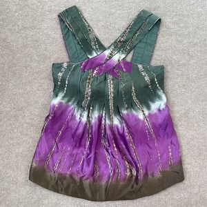 BCBG MaxAzria Silk Top Womens XS Green Purple Sleeveless Tank Shirt Criss Cross